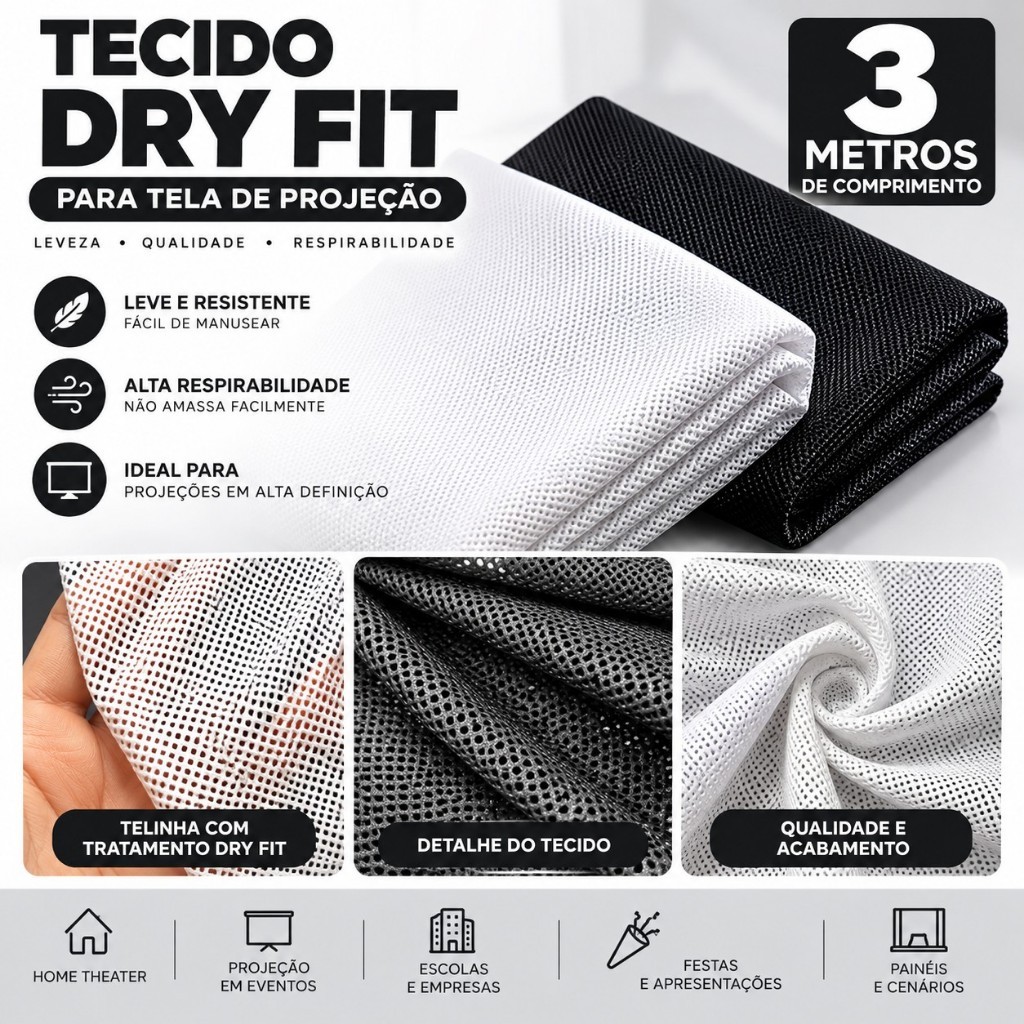Tecido Telinha Furadinho Dry Fit 100% Poliéster para Tela de Projeção 4 Metros