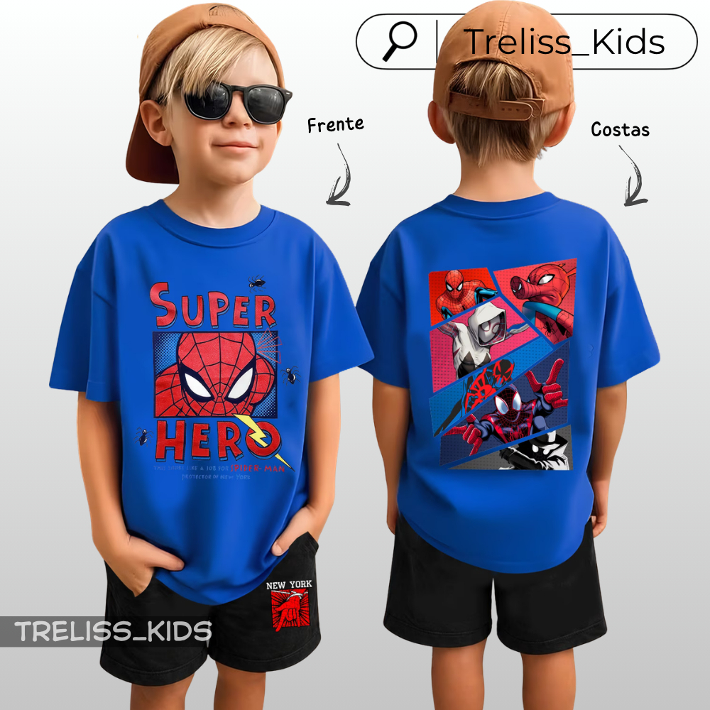 Conjunto Infantil Super Hero Camiseta 100% Algodão Bermuda Preta Moletinho Camisa Homem Aranha Blusa New York
