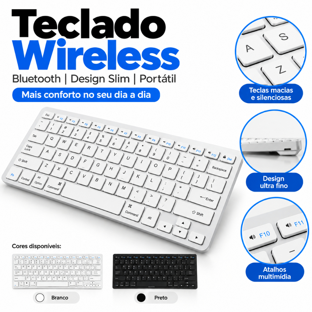 Teclado Wireless Bluetooth Eletromex Ergonômico e Portátil