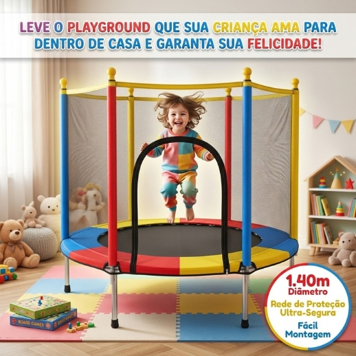 Cama elástica pula pula infantil trampolim 1.40m com tela de proteção playground desmontável brinquedo menino menina — imagem 2 de 2