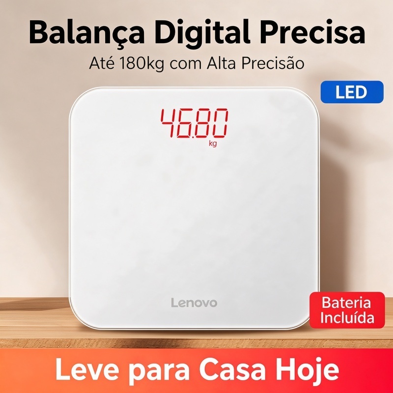Balança Pessoal Digital Lenovo, Precisão Alta, Tela LED, Balança de Banheiro com Vidro Temperado Resistente