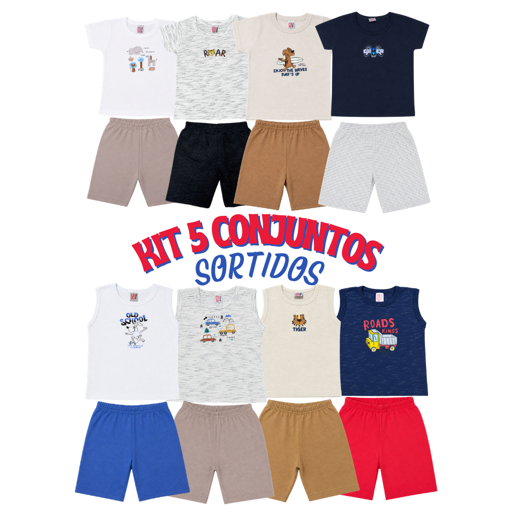 kit 5 conjuntos infantil menino confortável bermuda camiseta e regata verão