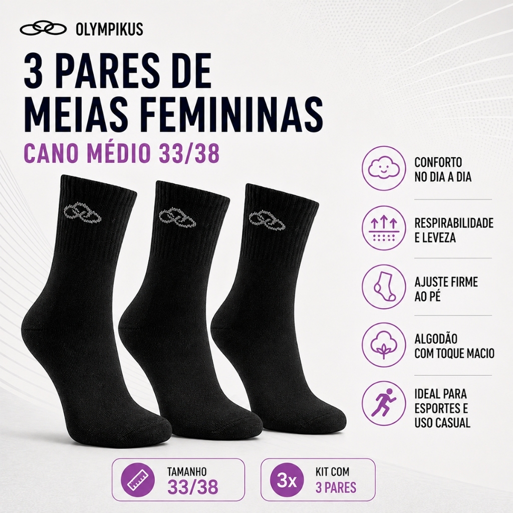 3 Pares de Meias Feminina Cano Médio - Olympikus