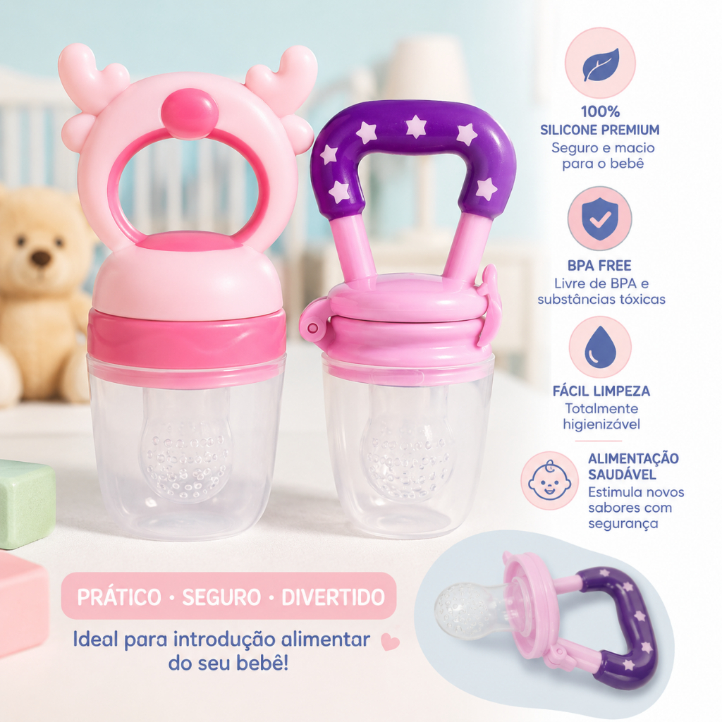 Kit com 2 Chupeta Porta Frutinha Bebê Alimentador de Frutas Mordedor Silicone Introdução Alimentar Infantil