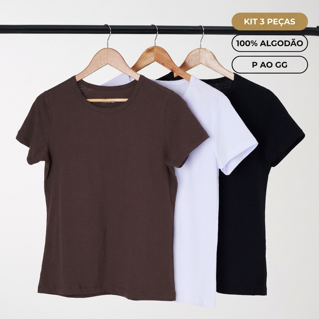 Kit 3 Camisetas Femininas Básicas Gola Redonda Lisa T-shirt Algodão Preta Branca Marrom HAAG