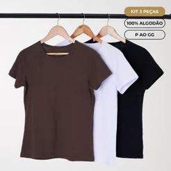 Kit 3 Camisetas Femininas Básicas Gola Redonda Lisa T-shirt Algodão Preta Branca Marrom HAAG