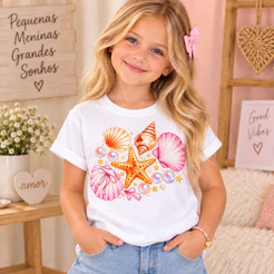 Camiseta Infantil Feminina 100% Algodão Estampada Conchas Estrela do Mar Manga Curta Menina 2 ao 16