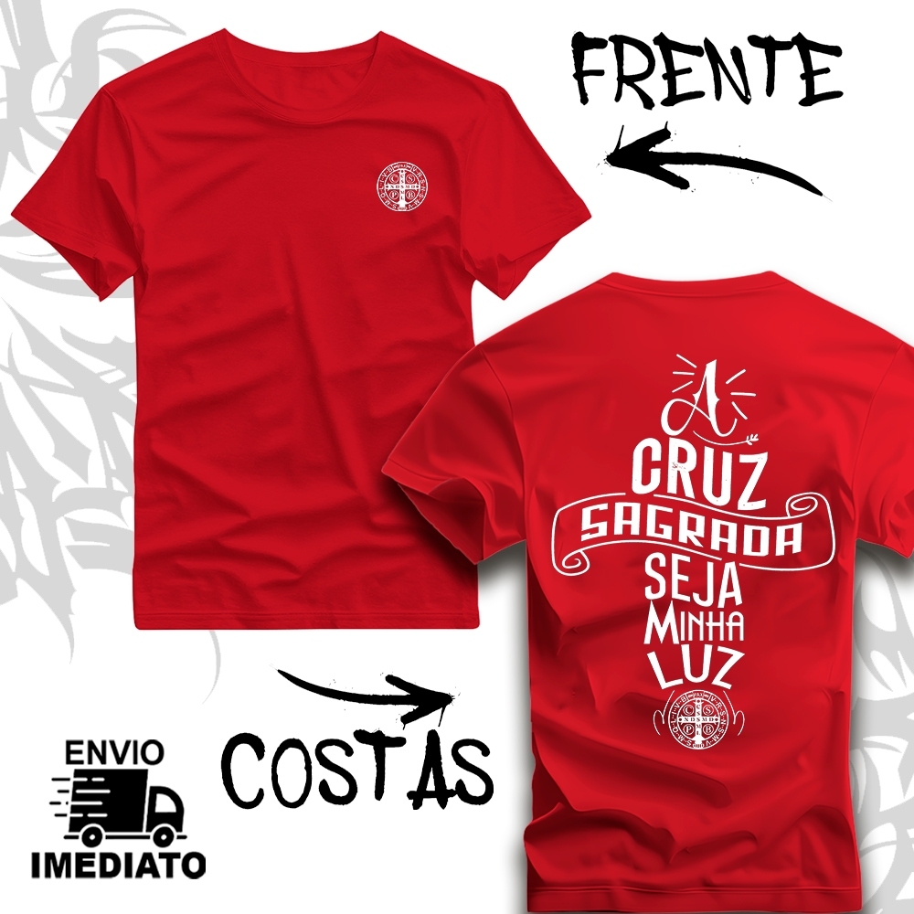 Camiseta Tshirt Blusa Católica São Bento 'A CRUZ SAGRADA SEJA MINHA LUZ' Cristã Religiosa Unissex Premium 100% Algodão — imagem 2 de 2