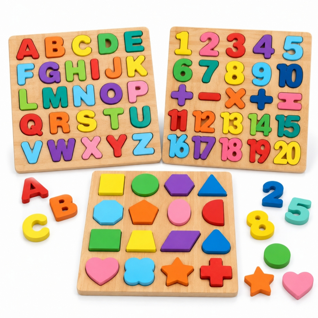 Kit Tabuleiro Madeira Montessori Brinquedos Alfabetização Letras Números Formas Encaixe Infantil