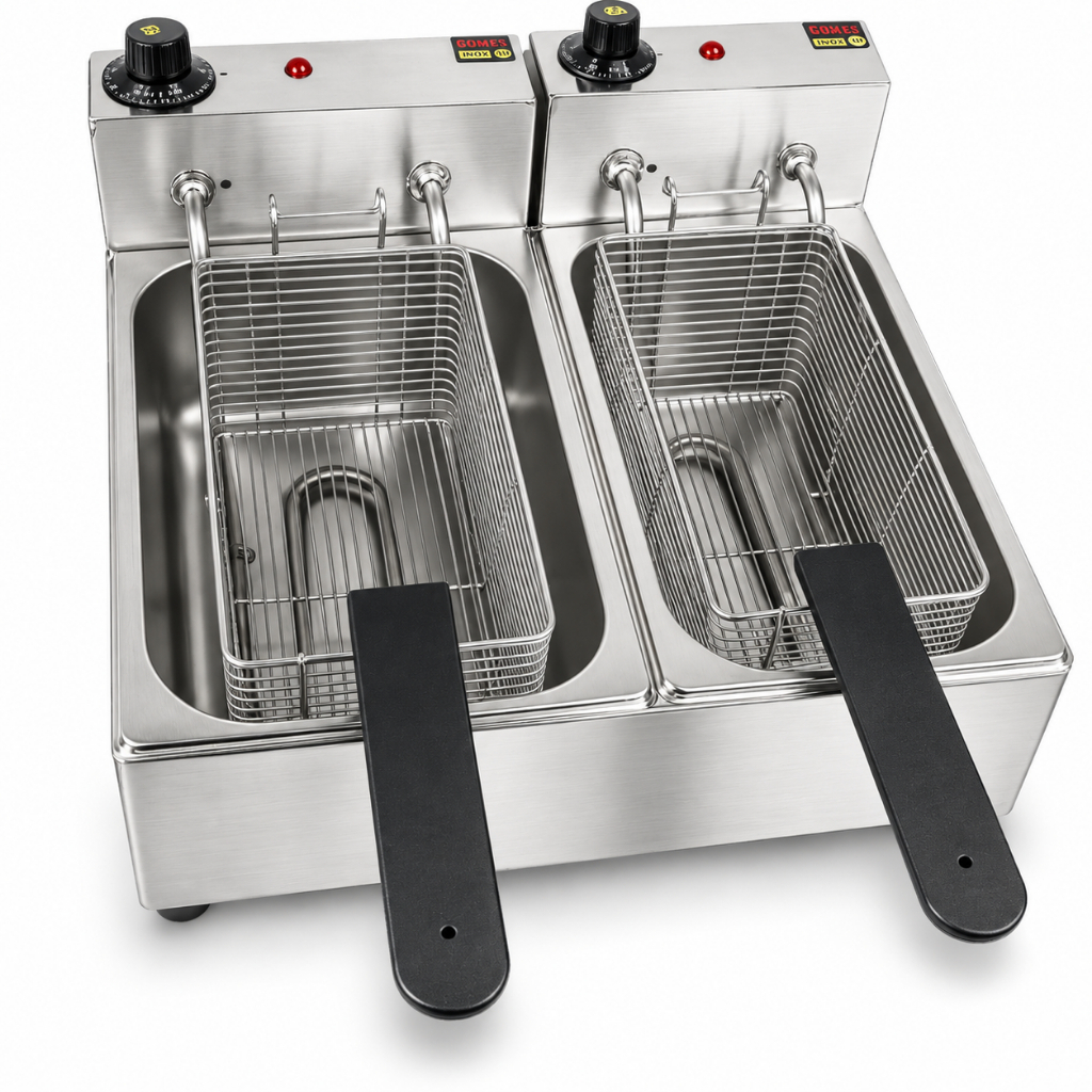 Fritadeira Elétrica 2 Cubas Independentes 6 Litros Industrial Profissional Inox Cesto Cabo Reforçado De Mesa Gomes Inox