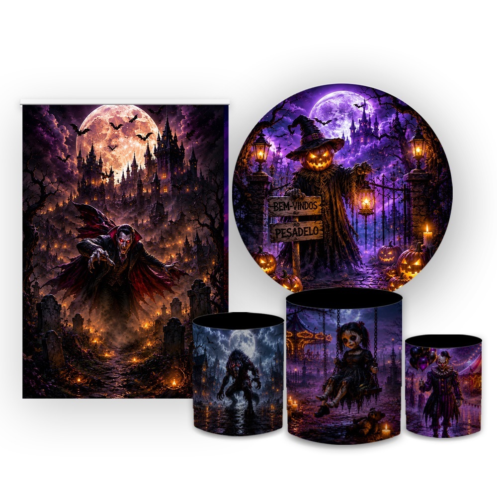 Painéis De Festa HALLOWEEN Espantalho Monstros Capas Redondas E Capa Conjunto Cilindro Veste Fácil Em Helanca — imagem 2 de 2