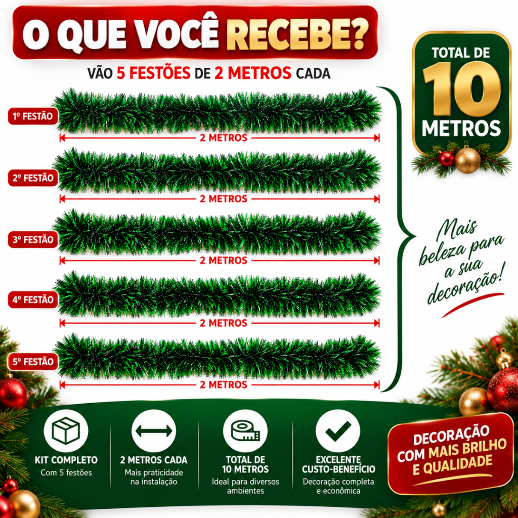 Kit 10 Metros De Festão Enfeite Arvore De Natal 9cm Decoração Natalina — imagem 2 de 2