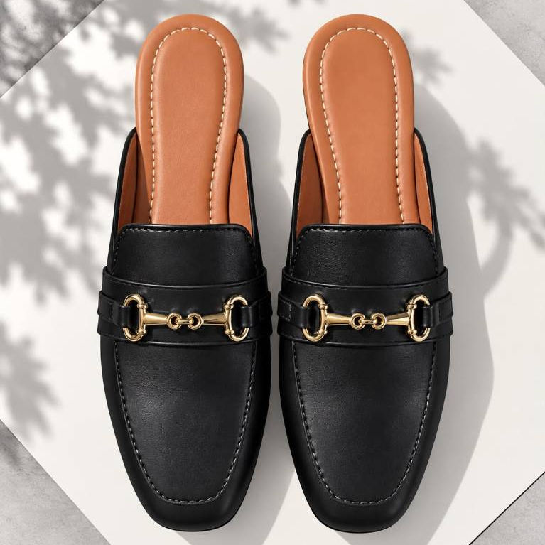 Mule sapato feminino quadrado  Muller corrente mocassim detalhe abs dourado  elegância tendencia