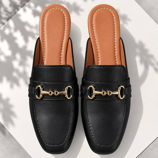 Mule sapato feminino quadrado  Muller corrente mocassim detalhe abs dourado  elegância tendencia