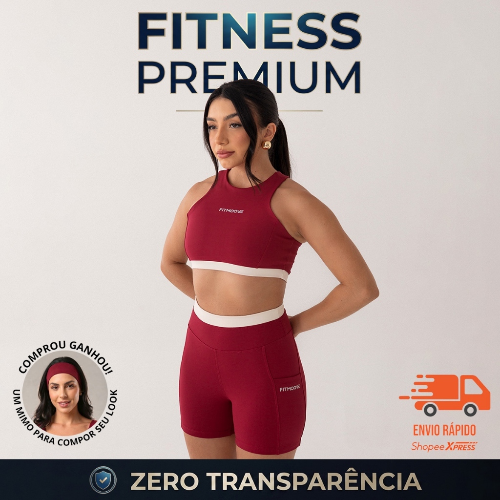 Conjunto Fitness Feminino Short e Cropped | Poliamida Premium | Alta Compressão | Zero Transparência | Corrida | Bolso