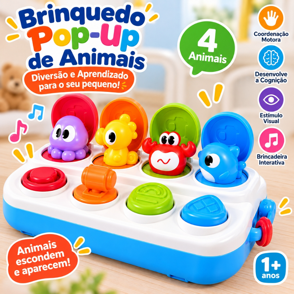 Brinquedo Infantil Pop-Up Animais Interativo Montessori Educativo Coordenação Motora para Bebês e Crianças