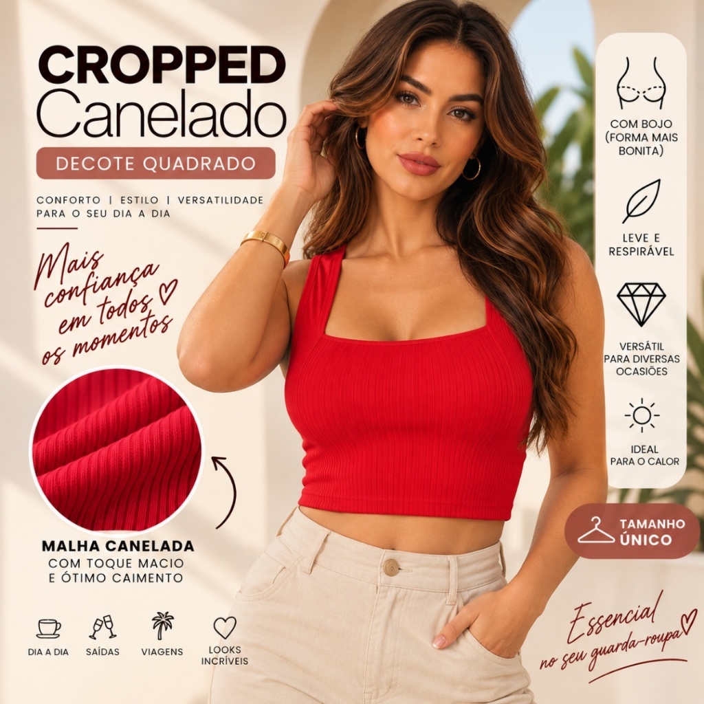 Cropped Top Decote Quadrado Canelado Bojo Blusinha Blogueira