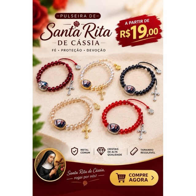 Pulseira Santa Rita de Cassia Cristal com Metal Zamak Banho Ouro ou Niquel Católico Religioso
