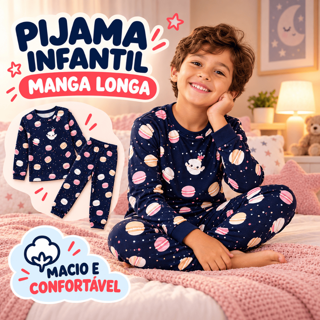 Conjunto Pijama Infantil Manga Longa Menino Menina Estampado Macio Confortável Inverno Roupa de Dormir