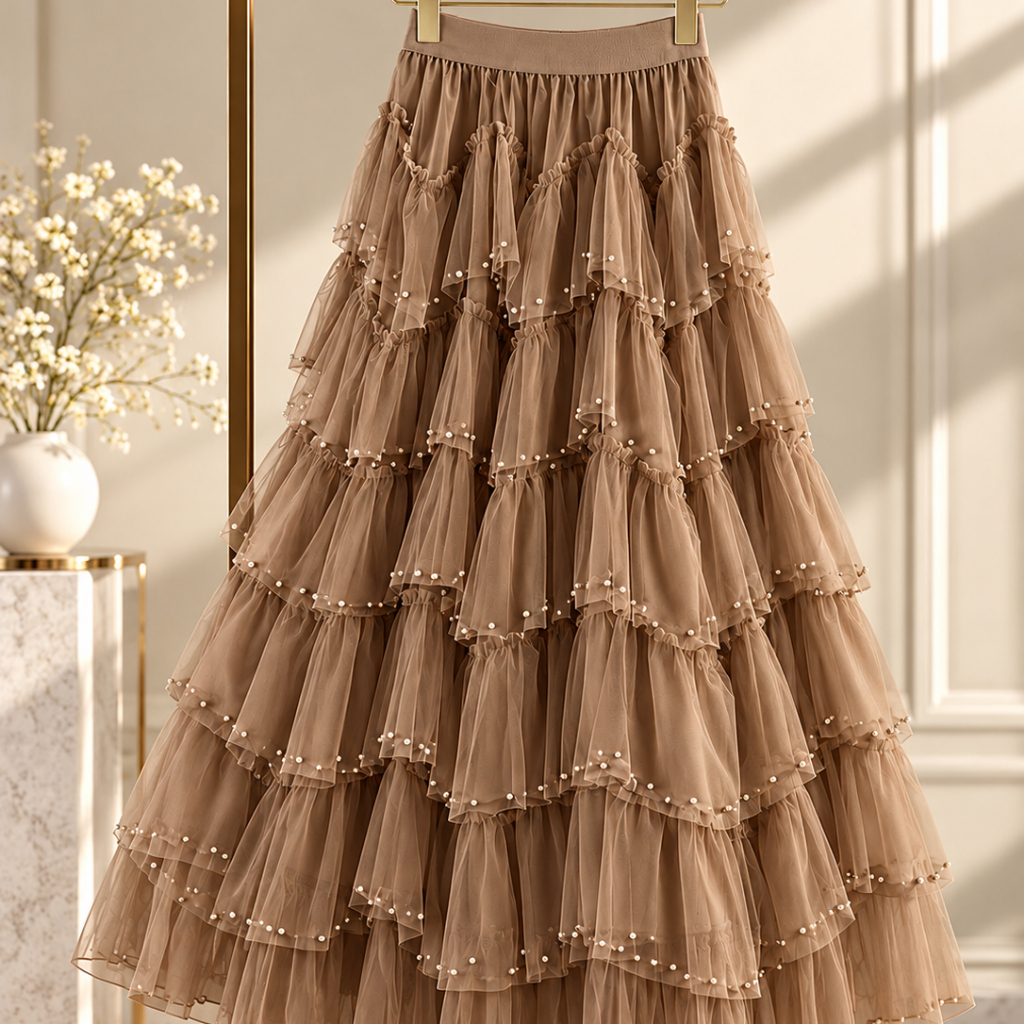 Saia midi evasê com tule irregular e aplicações de miçangas, cintura alta e modelagem ampla. Casual Em camadas