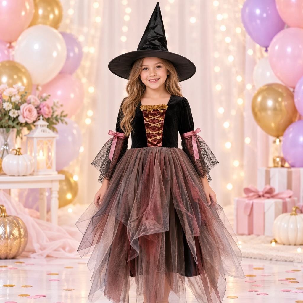 Fantasia Vestido de Bruxa Infantil Com Chapéu Halloween Dia das Bruxas Festa Menina Cosplay