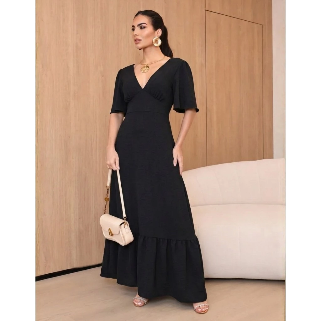 Vestido Feminino Longo Soltinho Manga Flare Póa Bolinhas Casual Elegante