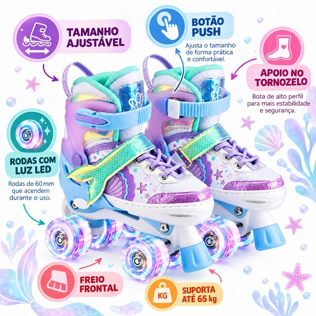 Patins Infantil Menina 4 Rodas Ajustável Com ou Sem Kit de Proteção + Led — imagem 2 de 2
