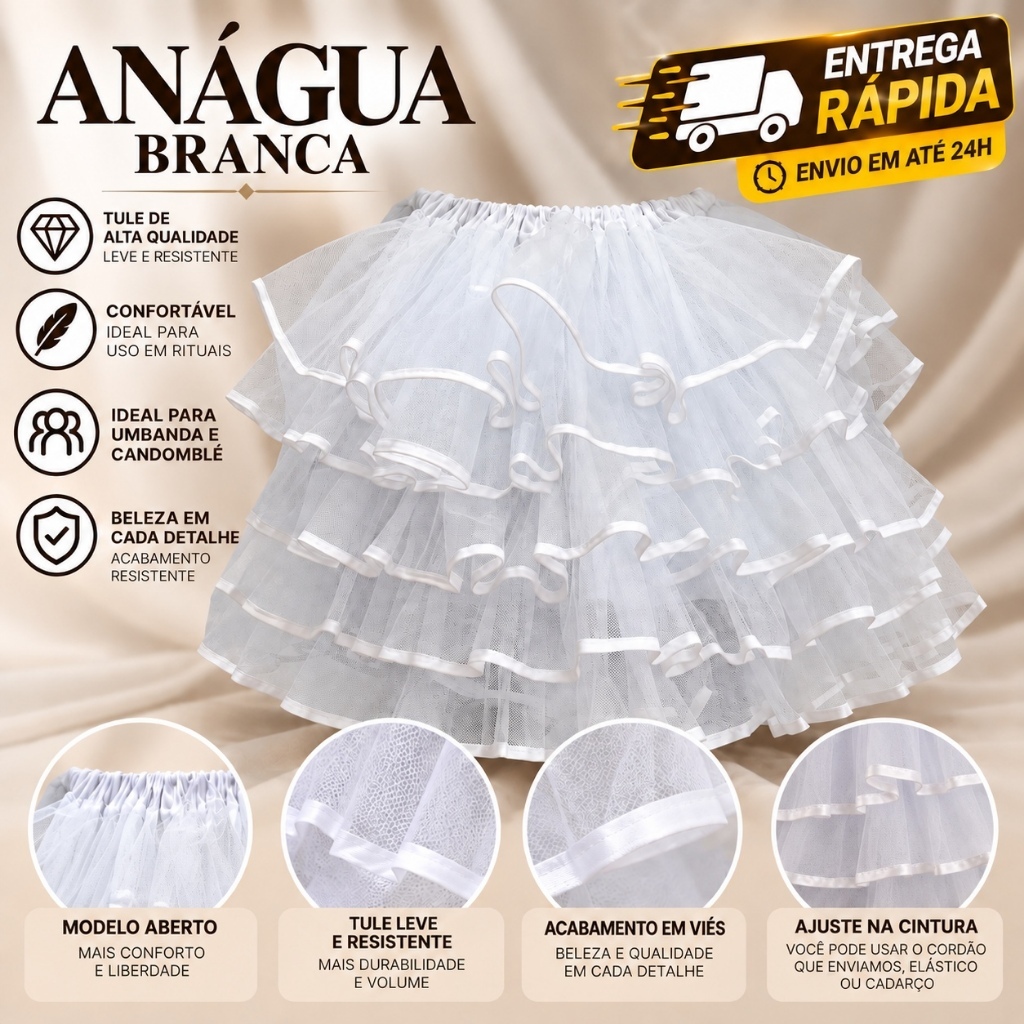 Anágua Branca Rodada Para Umbanda e Candomblé Saiote de Armação com Volume em Tule para Giras e Rituais