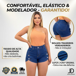 Short Jeans Feminino Cintura Alta Com Lycra Botões Laterais Modela Bumbum Encorpado.