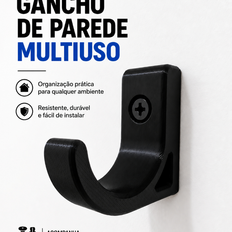 GANCHO SUPORTE DE PAREDE MULTIUSO RESISTENTE PRETO E BRANCO ACOMPANHA PARAFUSO E BUCHA