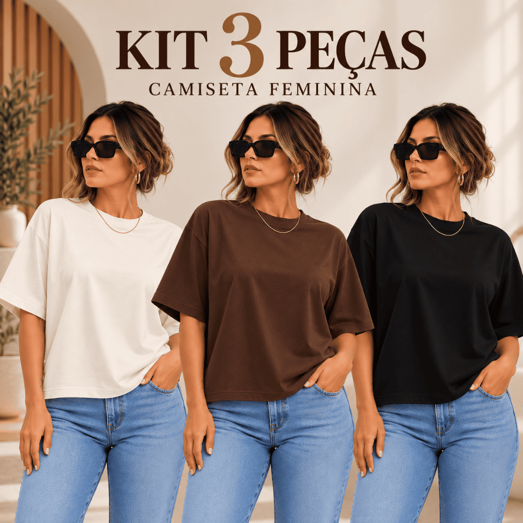 Kit 3 Camisetas Femininas T-Shirt Boxy Manga Oversized Premium Gola Alta 100% Algodão Moda Blogueira Estilosa Moderna