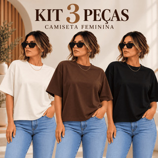 Kit 3 Camisetas Femininas T-Shirt Boxy Manga Oversized Premium Gola Alta 100% Algodão Moda Blogueira Estilosa Moderna