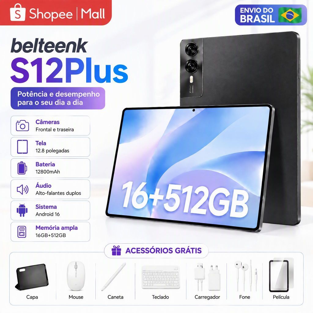 Tablet  belteenk S12 Plus Android Tela Grande 12.8 FHD 16GB+512GB WiFi Uso Trabalho Estudo 12800mAh