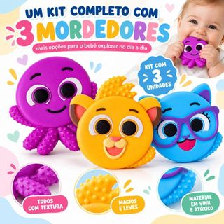 3 Mordedor Bolofofos com Texturas Macio Para Bebês + 4 meses Pow Rick ou Sophia