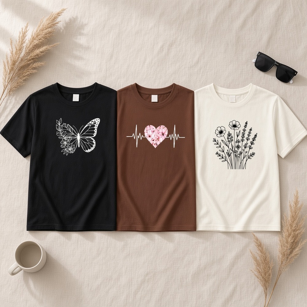Kit 3 Camisetas Femininas Estampadas Borboleta Floral Batimento Coração Flores Blusinha Algodão Confortável