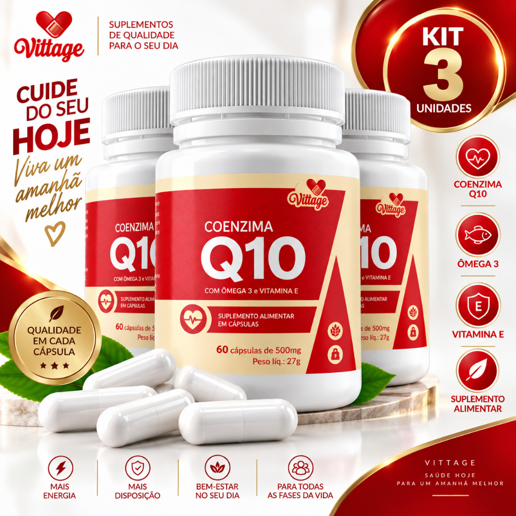 Kit 3 Coenzima Q10 com Vit E e Ômega 3 Vittage