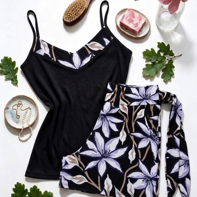 Conjunto Feminino Short Com Cinto E Regata Gola V Estampada G GG e Plus Size