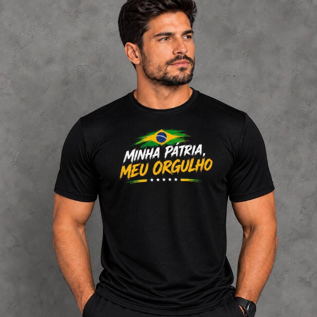 Camiseta Dryfit masculina Minha Pátria Meu Orgulho, Futebol, Academia, Crossfit, Musculação, Respirável Avve Wear