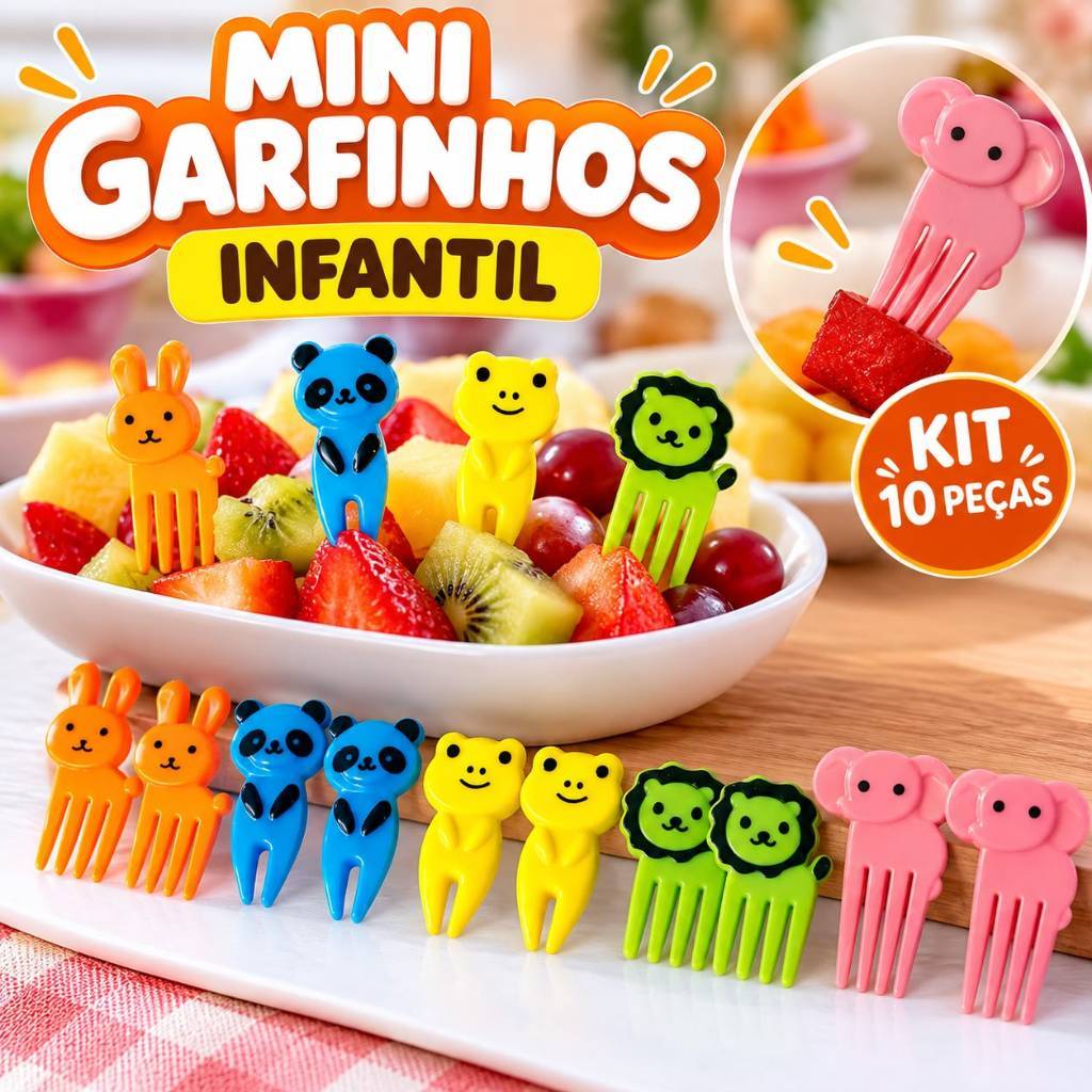 Kit 10 Garfinhos Bichinhos Para Frutas Petiscos Animais Safari Infantil Crianças Lancheira Escola