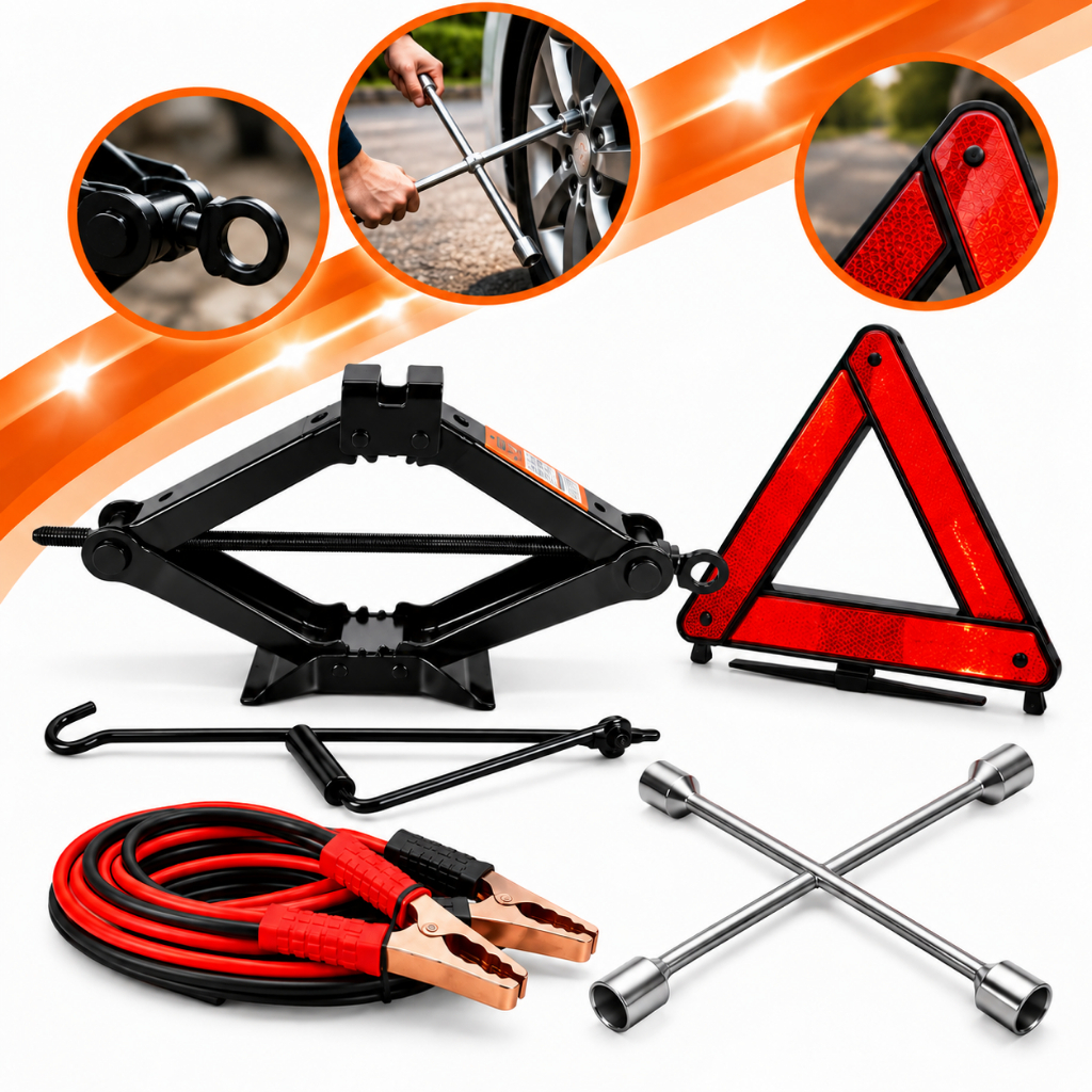 Kit Estepe Macaco Mecânico Sanfona 1,5T Universal + Chave Roda Em Aço + Triângulo Sinalização + Cabo Chupeta Aux. 1500Kg