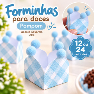 Forminhas para doces Pompom -Xadrez Aquarela Azul/forminha para docinhos de festa festa infantil
