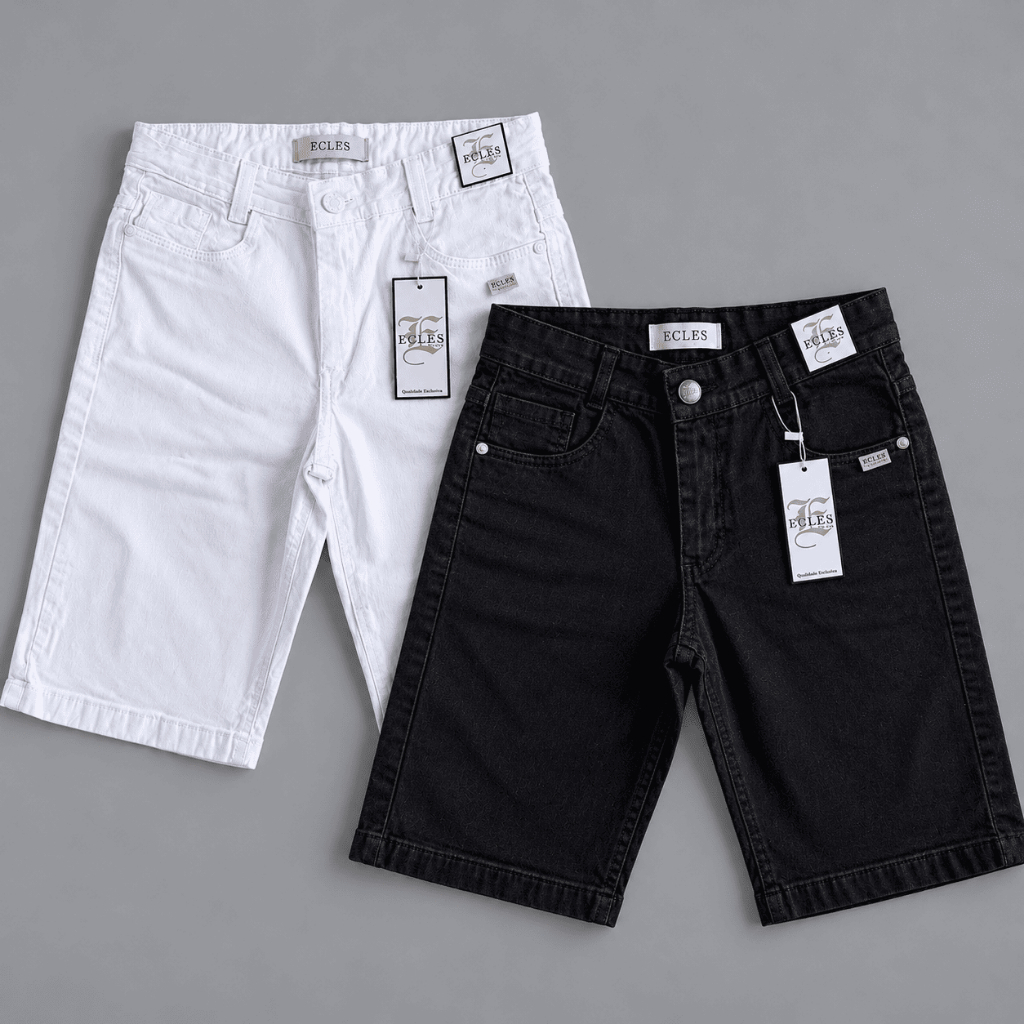 Kit 2 Bermudas Infantil Masculina Sarja com Elastano Branca e Preta Regulagem no Cós Menino Juvenil