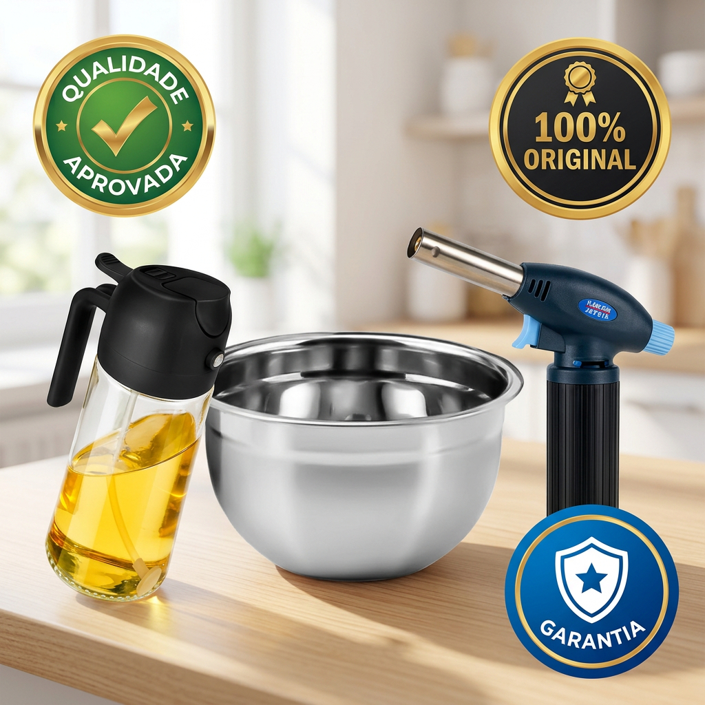 Kit Chef em Casa Borrifador Azeite 470ml + Maçarico Culinário + Tigela Inox Bowl 22cm Kit Gourmet