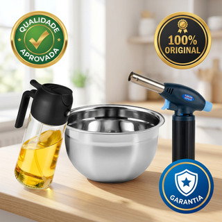 Kit Chef em Casa Borrifador Azeite 470ml + Maçarico Culinário + Tigela Inox Bowl 22cm Kit Gourmet