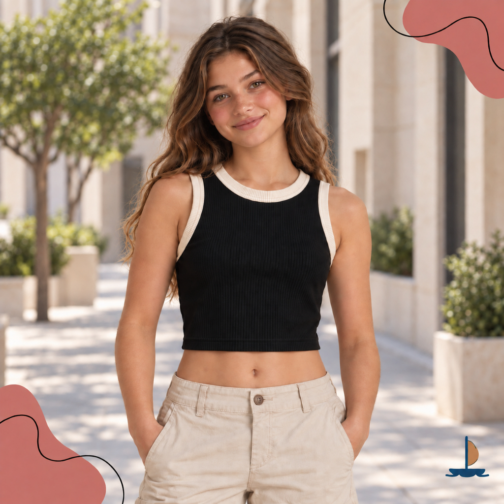 Cropped Bicolor Juvenil Feminino Moda Blogueira Verão Algodão Canelado Regata Casual Passeio Parque