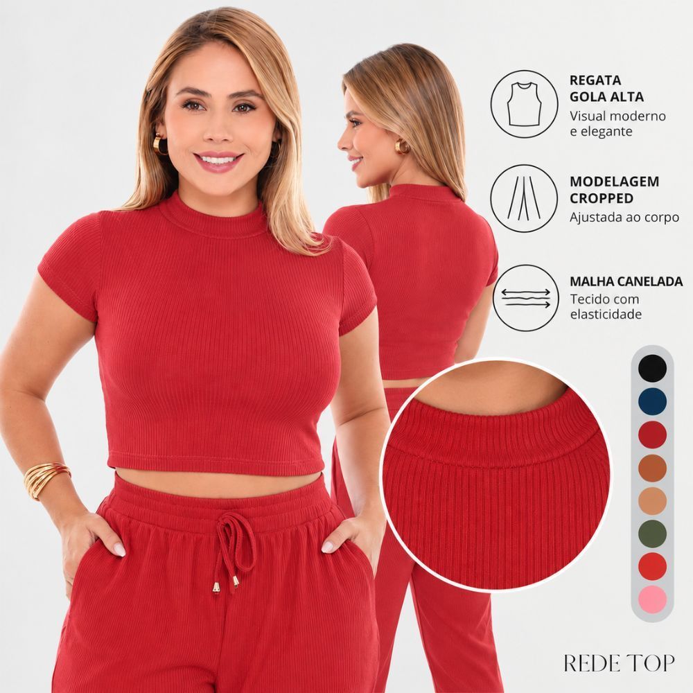 Blusa Feminina T-shirt  Modelo Cropped com Manga Curta e Gola Tecido Canelado