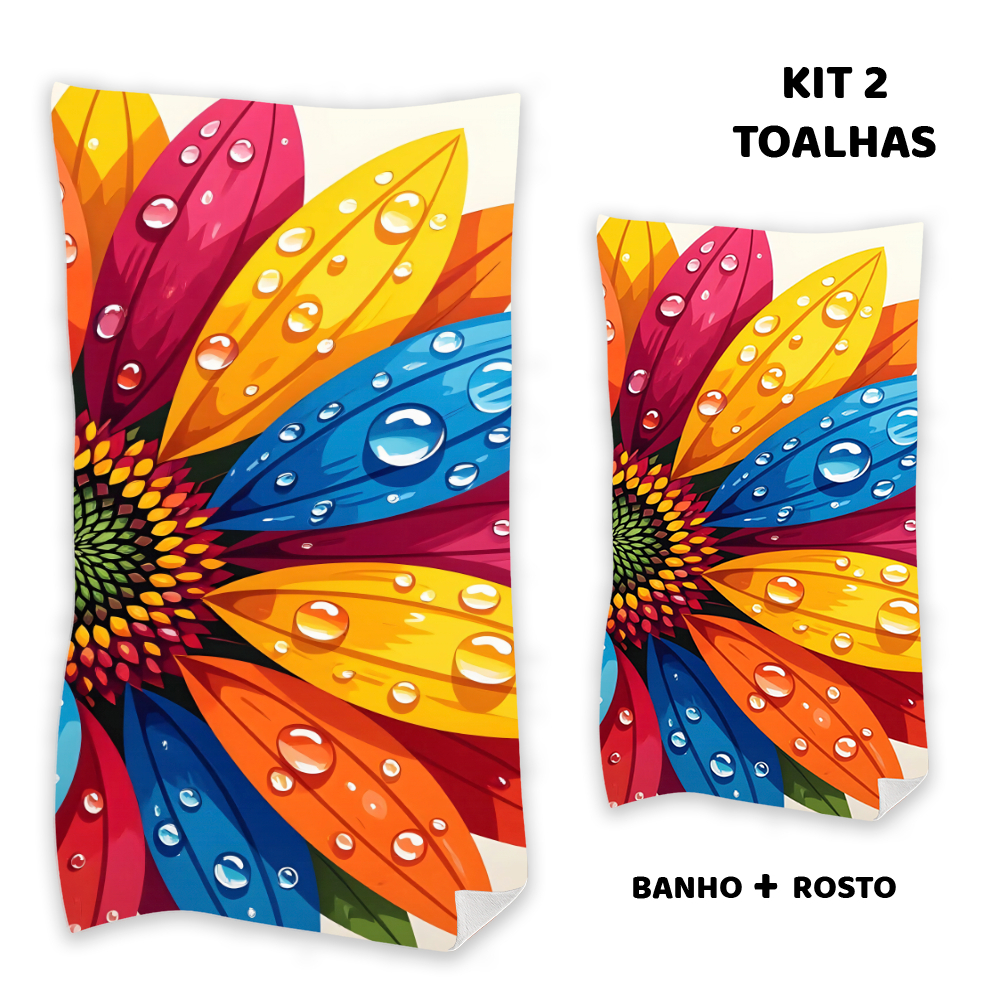 Kit 2 Toalhas Banho e Rosto Felpudas Estampadas Tropical com Paisagem Colorida 1 Banho Rosto