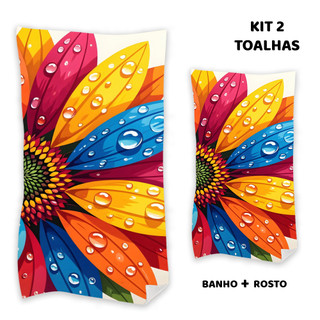 Kit 2 Toalhas Banho e Rosto Felpudas Estampadas Tropical com Paisagem Colorida 1 Banho Rosto