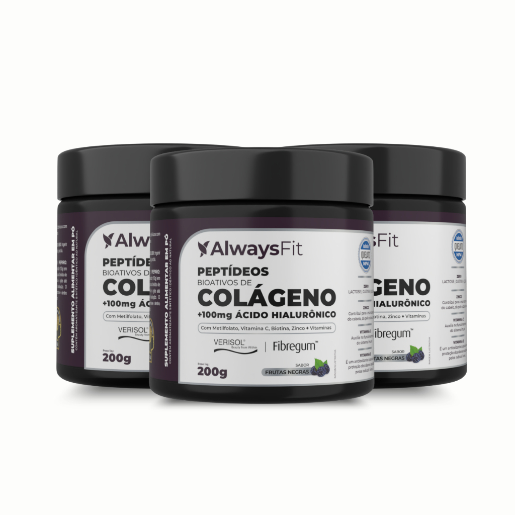 Peptídeos Bioativos de Colágeno Verisol AlwaysFit | Ácido Hialurônico + Vitaminas, Minerais, Fibras | Frutas Negras 200g