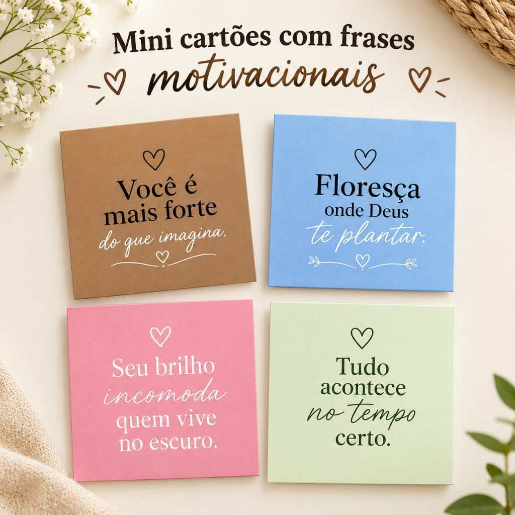 Kit 40/100/160/200 Mini Cartões com Frases Motivacionais | Mimo para Clientes | tamanho 5x5.